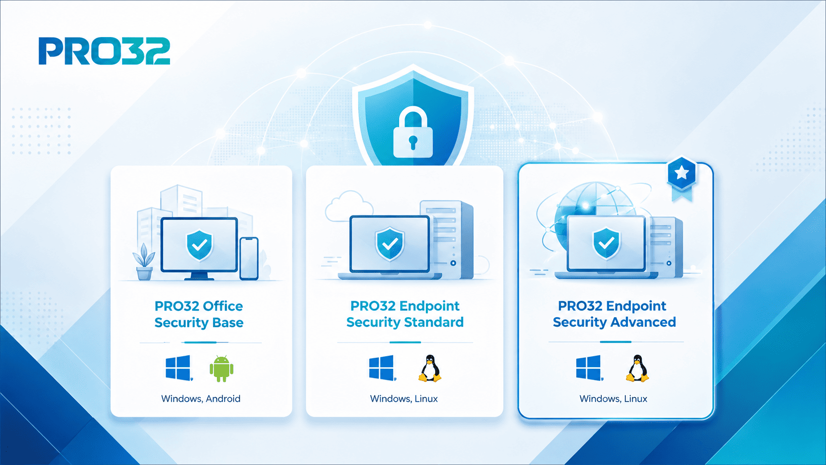 Изображение. Три карточки продуктов PRO32: Office Security Base, Endpoint Security Standard и Endpoint Security Advanced